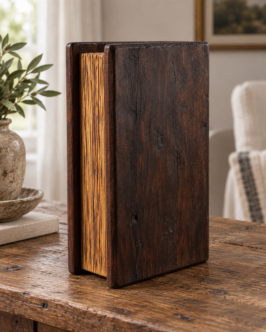 Embergarth Small book-shaped decorative wooden storage box standing closed on a wooden console table.