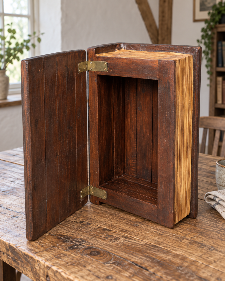 Medium decorative wooden storage box shaped like a book, standing open on a rustic table with an empty interior and gold-tone hinges.
