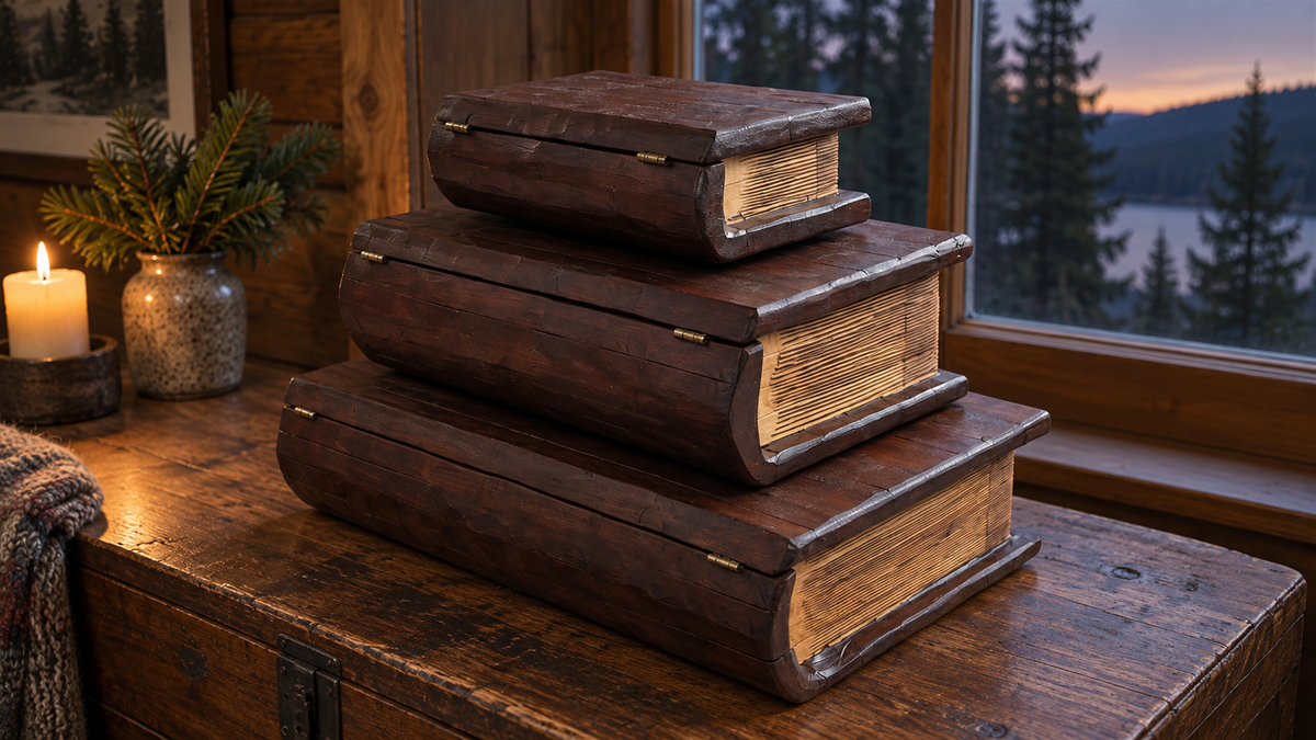 Three wooden book storage boxes stacked largest to smallest beside a candle and a cabin window overlooking a lake.