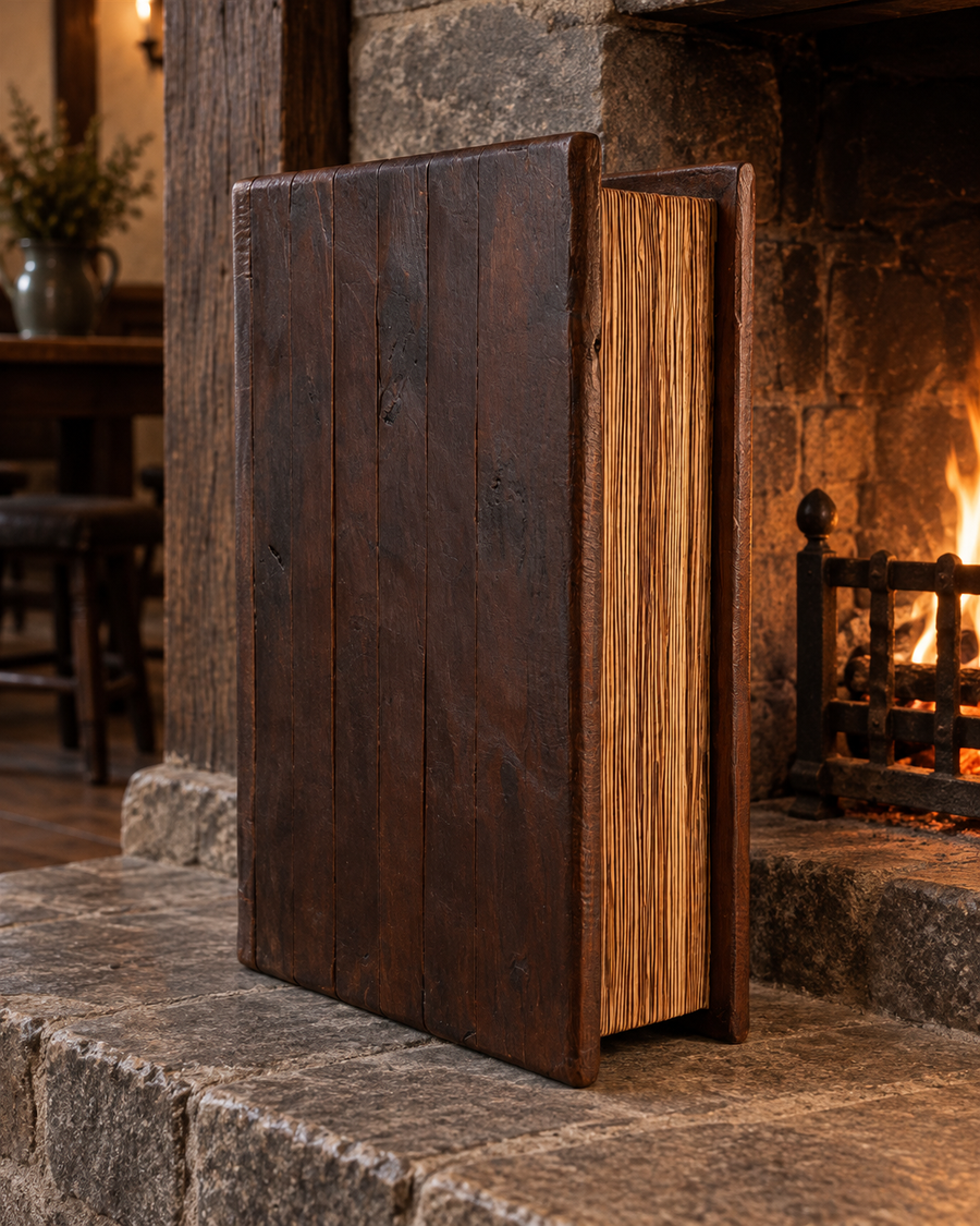 Large wooden book storage box standing on a stone hearth beside a lit fireplace.