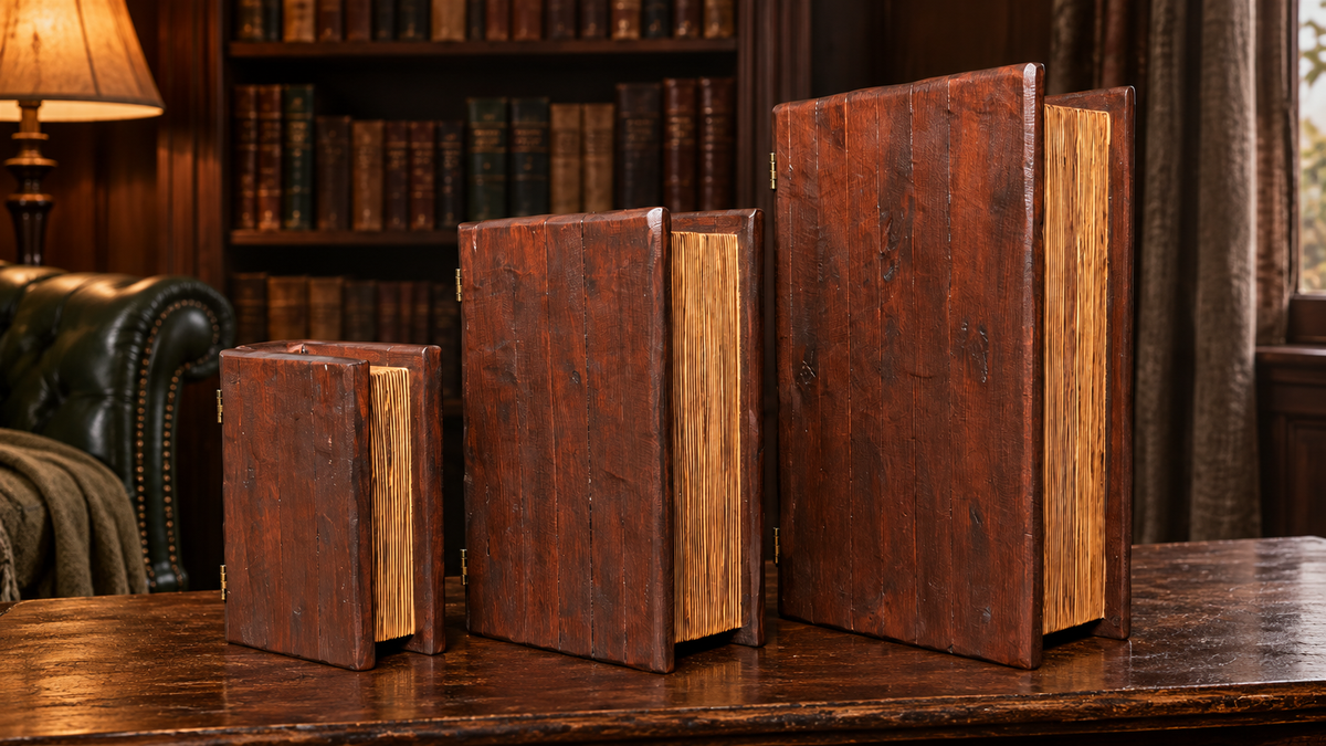 Small, Medium and Large wooden book storage boxes standing side by side on a table in front of library shelves.