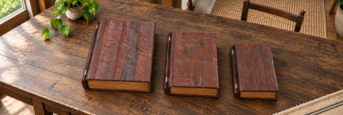 Large, Medium and Small wooden book boxes lying flat side by side on a table beside a trailing plant, viewed from above.