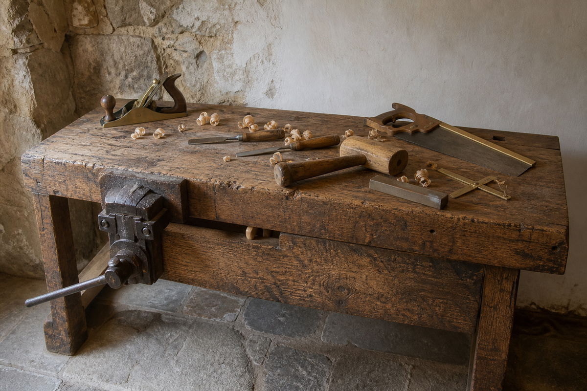 Woodworking hand tools and wood shavings on an old workbench in the Embergarth workshop